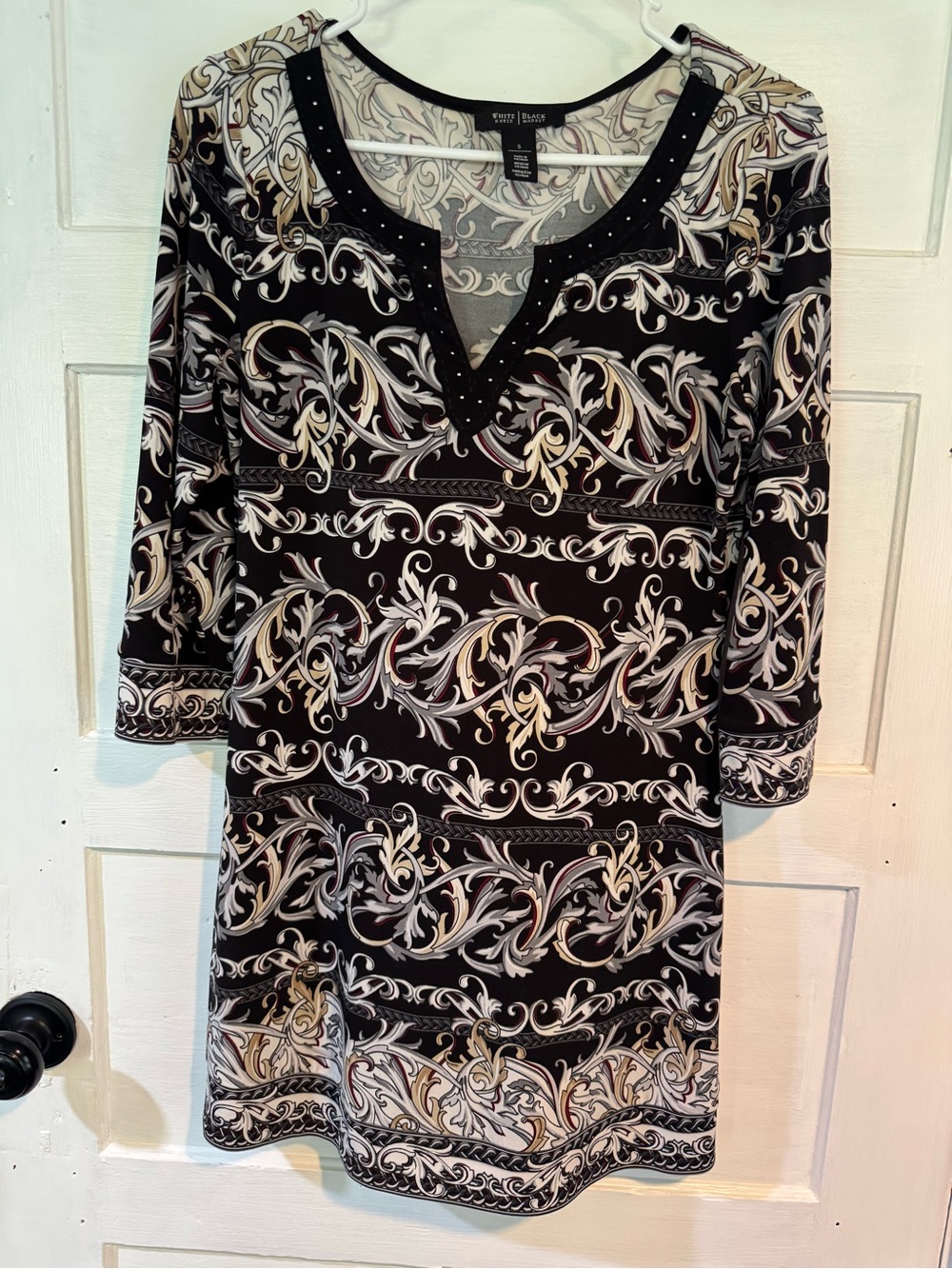 WHBM Black Ivory Baroque Scroll Rhinestone Shift Dress Small - Picture 3 of 8